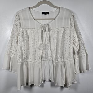 Suzanne Betro White Crinkle Gauze Eyelet Open Front Bell Sleeve Top Plus Size 1X